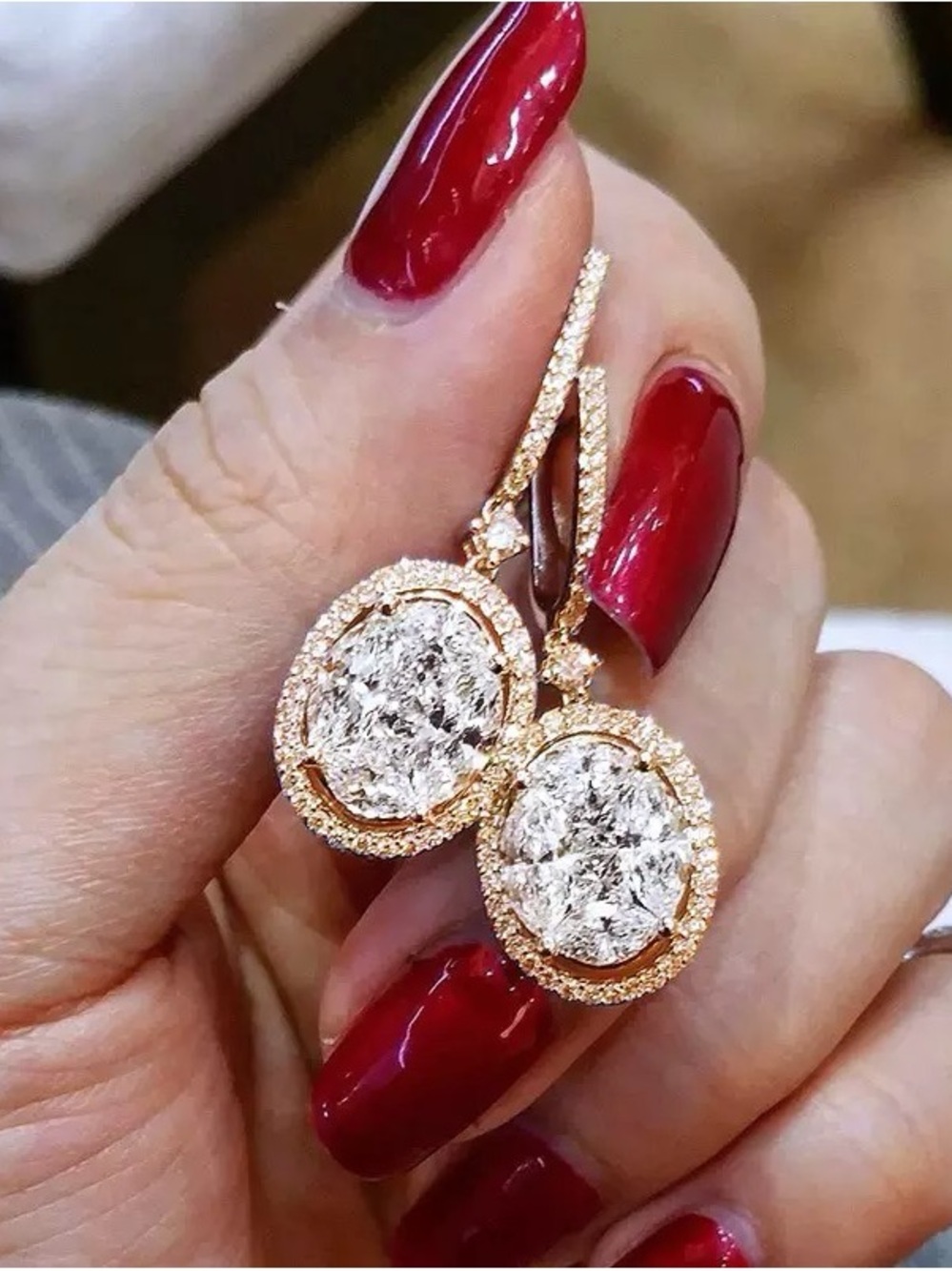 Anthropologie Rose Gold Oval Halo Drop Earrings with White Stones